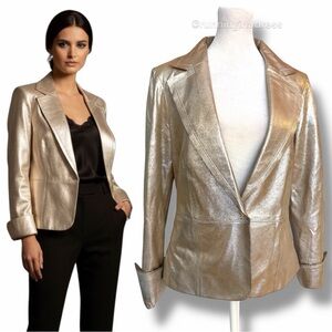Vintage CACHÉ Metallic Champagne Gold Leather Jacket Y2K Glam Size 6 Fits XS/S